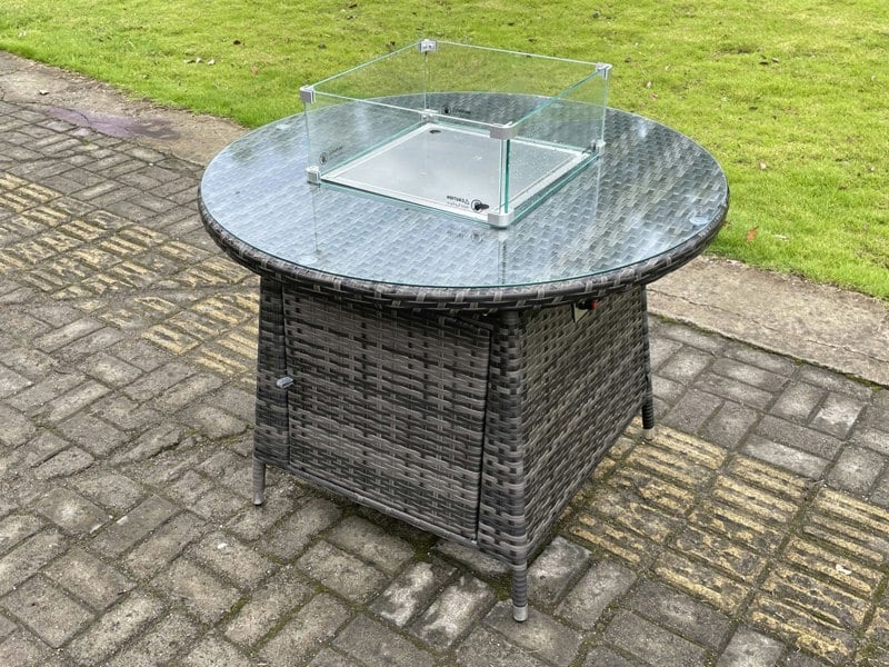 Fimous Rattan Garden Furniture Gas Fire Pit Rectangle Round Dining Table And Dining Chairs 4 Seater + Round Table