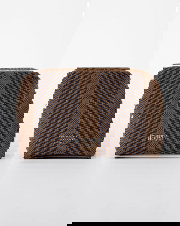 studio shot of Ilse Jacobsen Knitty Womens Knitted Makeup Bag in Dark Indigo and Buckthorn Brown