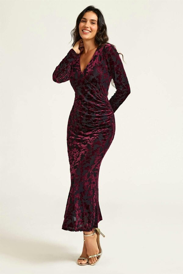 FS Collection Wine Floral Velvet Devore Long Sleeve Wrap Midi Dress In Black