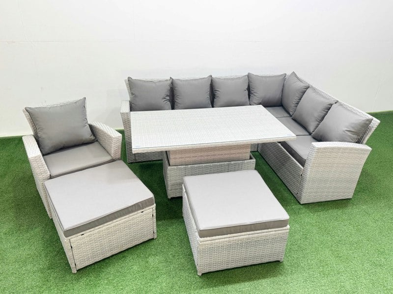Fimous 9 Seat Rattan Garden Furniture Corner Sofa Set Outdoor Adjustable Lifting Dining or Coffee Table Set with 2 Big Footstools Light Grey