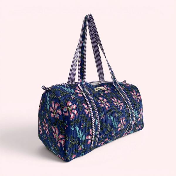 Hayley & Co Blue and Purple Floral Block Print Cotton Quilted Weekend Duffle Bag