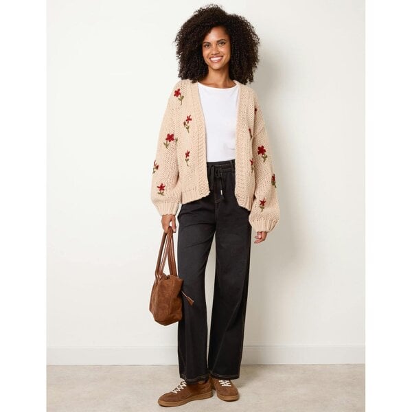Blue Vanilla Flower Embroidery Detailed Cardigan - Stone
