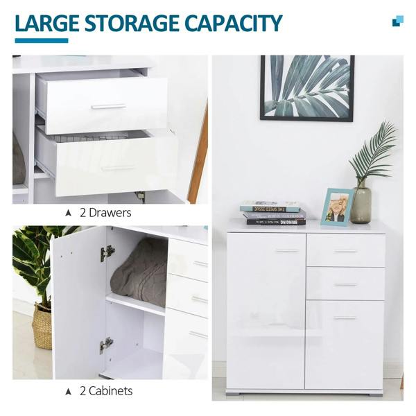 White sideboard cabinet with two drawers and two cabinet doors, open storage compartments