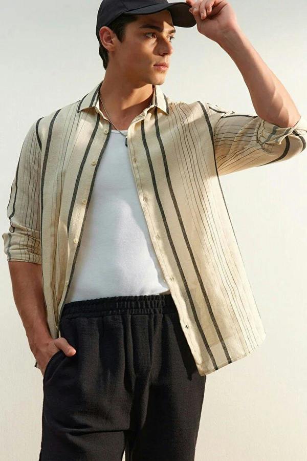WOVCOR Regular Fit Striped Linen Textured Men’s Shirt