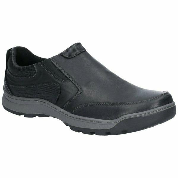 Hush Puppies Jasper Mens Casual Slip On Smart Leather Shoes, black leather slip-on shoes with cushioned sole and comfortable design.