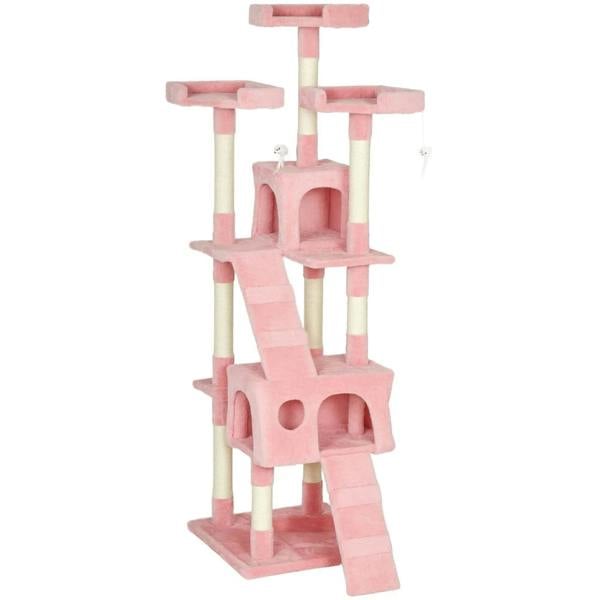 Pink multi-level cat tree with scratching posts and enclosed play houses