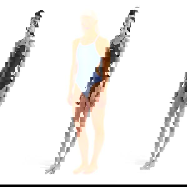 Navy Arena Tie Back solid swimsuit with thin straps, high leg, chlorine resistance