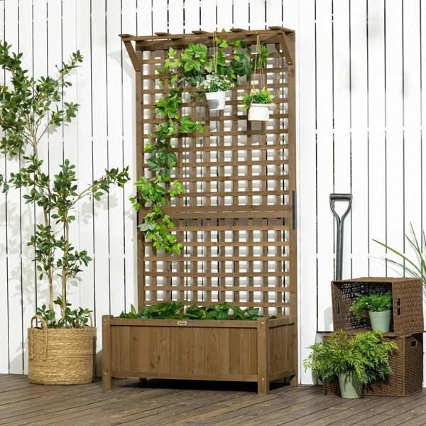 Brown tall wooden trellis planter with raised bed and square lattice back