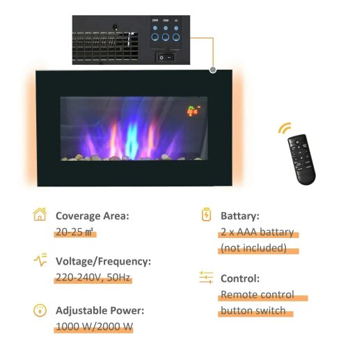 1000W/2000W Electric Wall Fireplace w/ LED Flame Effect Timer Remote Sleek Stylish Safe Home Heating 20-25㎡