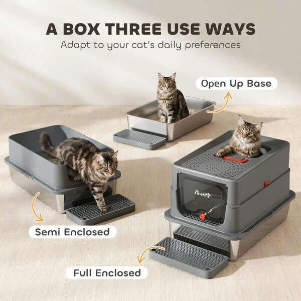 Stainless Steel Cat Litter Tray with Lid, XL 90L Enclosed Cat Litter Box with Step, Scoop, High Side, Dark Grey