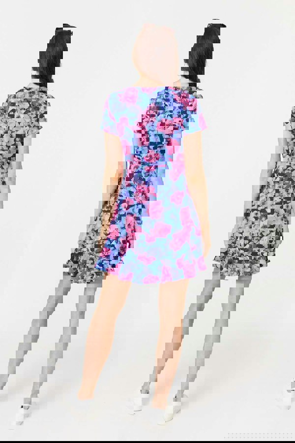 Blue | Floral Frill Faux Wrap Short Dress