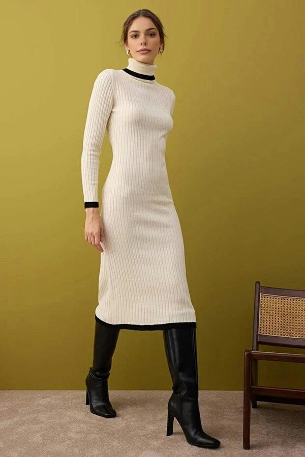 WOVCOR Color Blocked Midi Turtleneck Knit Dress
