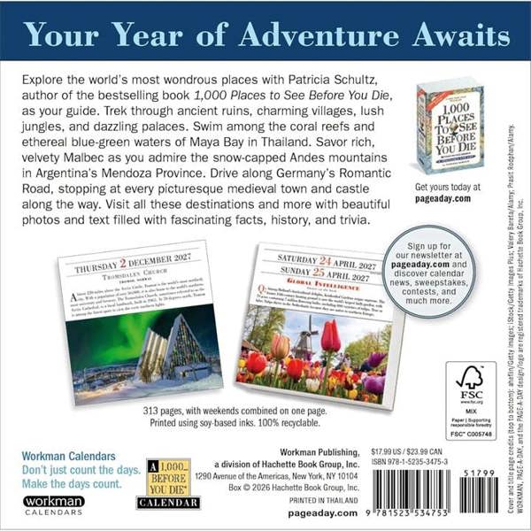 1,000 Places To See Before You Die Desk Calendar 2027, Desk Calendars, Day To View, Travel, Gift