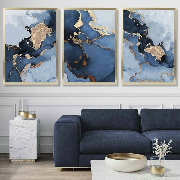 Artze Wall Art Framed Set of 3 Abstract Art Prints of Paintings Navy Blue and Gold