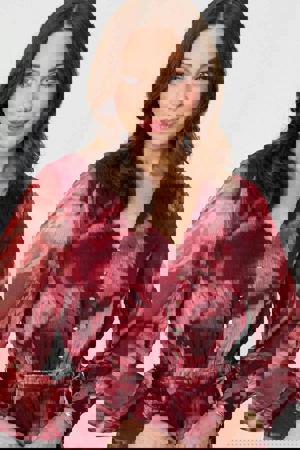 Burgundy | Abstract Floral Semi Sheer Midi Dress