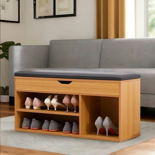 Rafaelo Mobilia Wooden Shoe Storage Bench With Cushioned Seat 90CM