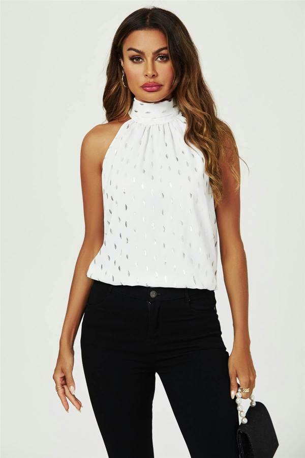 FS Collection Silver Foil Halter Neck Tie Back Top In White