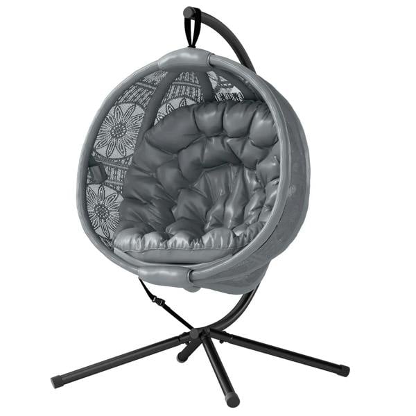 Charcoal grey round egg basket chair with steel stand and padded seat insert
