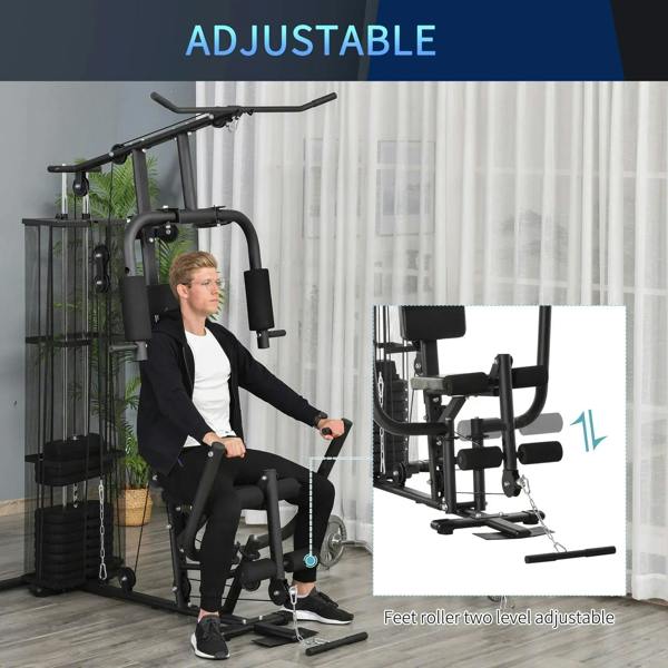 Black adjustable home gym weight station with rollers and multiple cable exercise stations