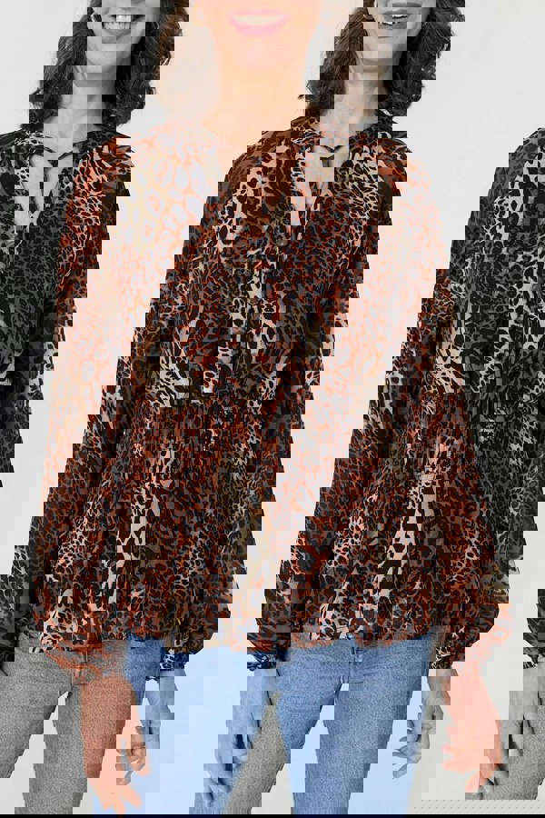 Brown | Animal Print Long Sleeve Tie Neck Blouse

