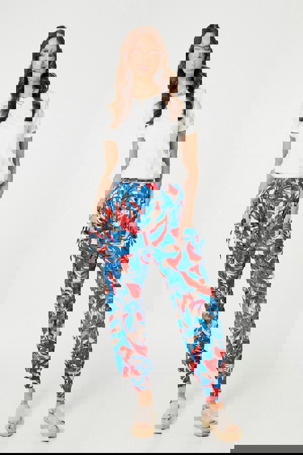 Blue | Tropical Leaf Print Harem Pants