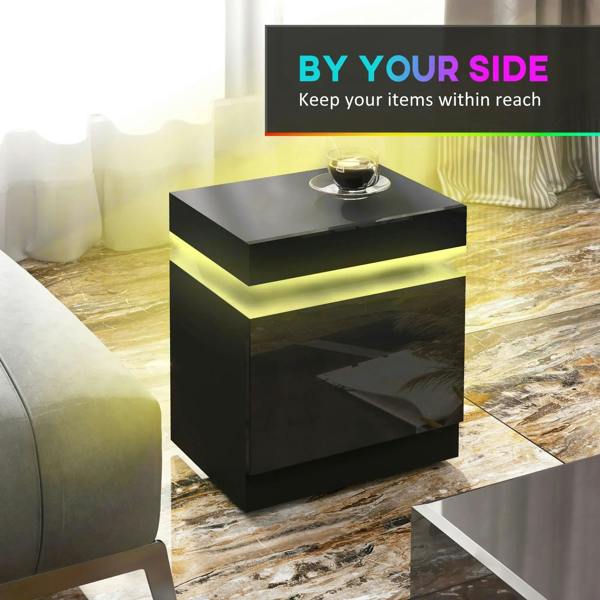 Black high-gloss LED bedside table with color-changing under-light and cup on top