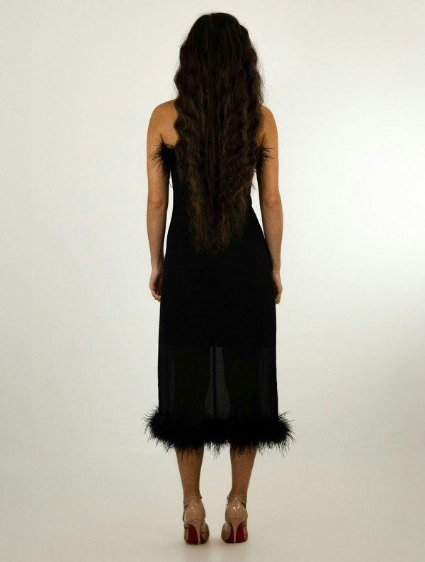 BALOU Ostrich Feather Trimmed Dress - Black