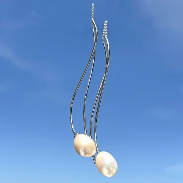 Freshwater pearl threaders in steering silver by LENAE London, luxury earrings.