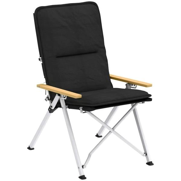 Black high-back folding camping chair with padded seat and backrest, foldable legs