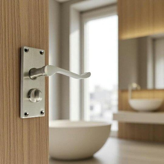 EDH Door Hardware Victorian Scroll Satin Nickel Bathroom Door Handles Set with Privacy Lock 2 Pair