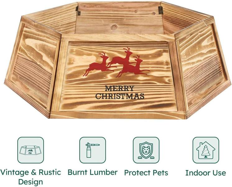 31.5 inch Hexagon Wooden Christmas Tree Collar with Burnt Finish for Festive Tree Stands image 5