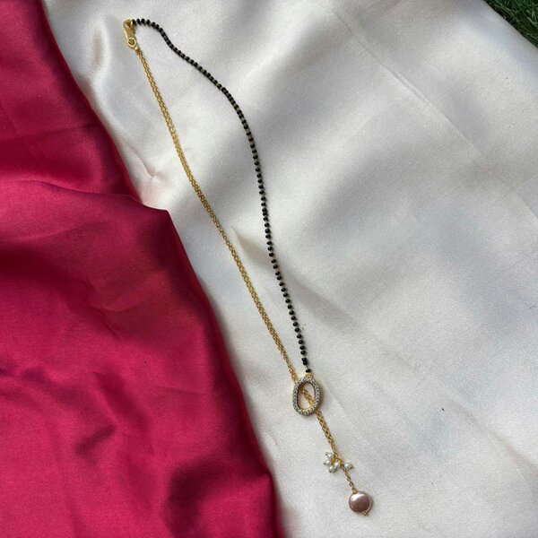 The Colourful Aura Half Black Bead Gold plated Oval Pearl Y shape Lariat Mangalsutra