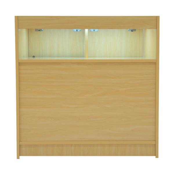 Luna LED Shop Counter Set in maple finish features a sleek design with two illuminated display sections and smooth texture