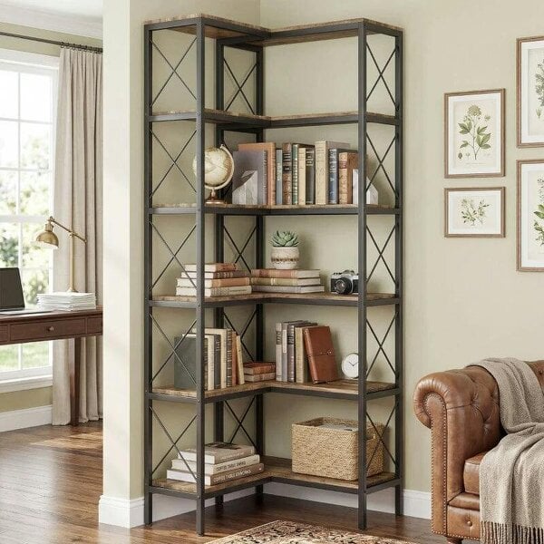 5-Tier L-Shaped Bookshelf, Freestanding Corner Bookcase with Metal Frame, Rustic Brown