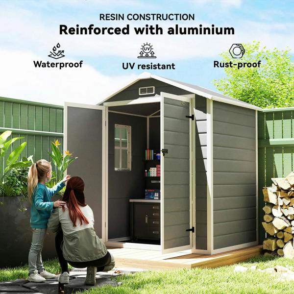 Grey garden storage shed with reinforced resin panels and double doors, open entrance