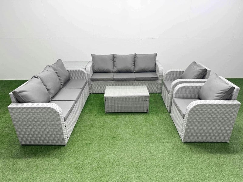 Fimous PE Rattan High Back Lounge Sofa Set Patio Coffee Table & Chairs Set with 3 Seater Sofa Reclining Chair Side Table Light Grey