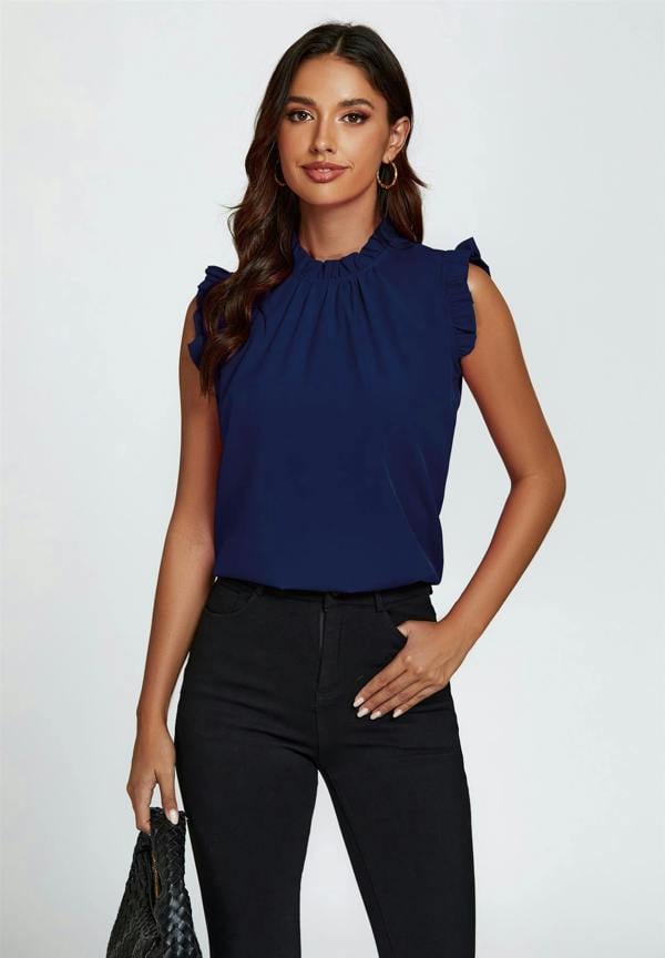FS Collection Frill Trim Sleeve Frill Neck Blouse Top In Navy