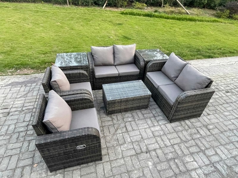 Fimous Rattan Garden Furniture Set Patio Outdoor Lounge Sofa Set with 2 Reclining Chairs Rectangular Coffee Table 2 Side Tables Dark Grey Mixed