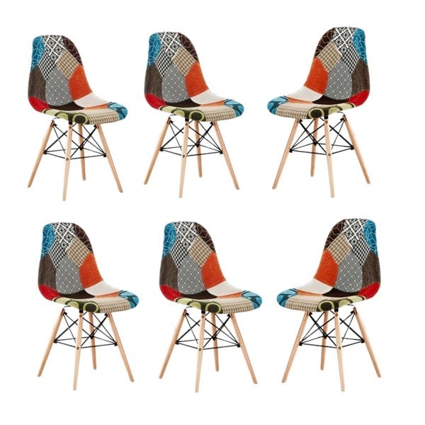 Life Interiors Set of 6 Colorful Patchwork Accent Chairs with Wooden Legs and Metal Wire Frame Mid-Century Modern Dining Chair