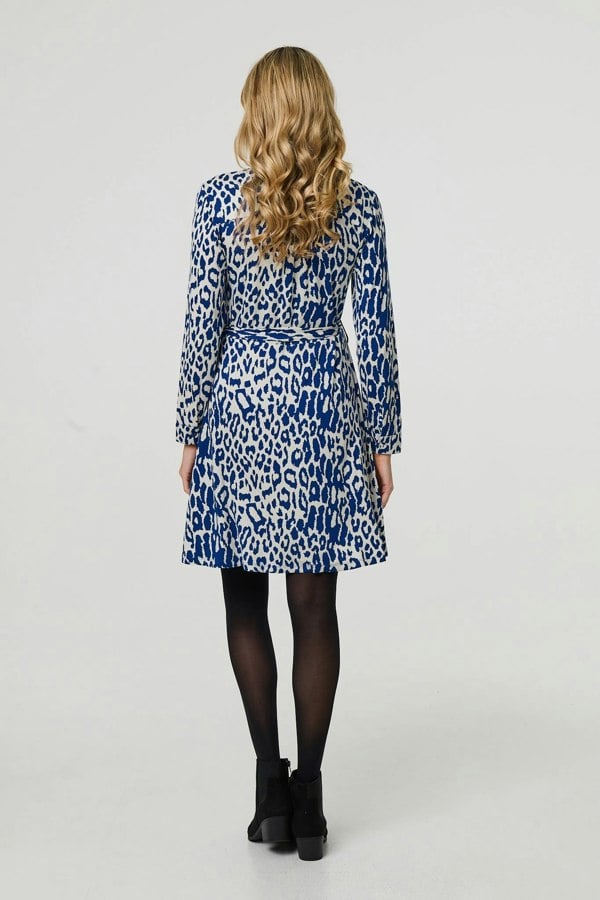 Blue | Animal Print Long Sleeve Short Shirt Dress
