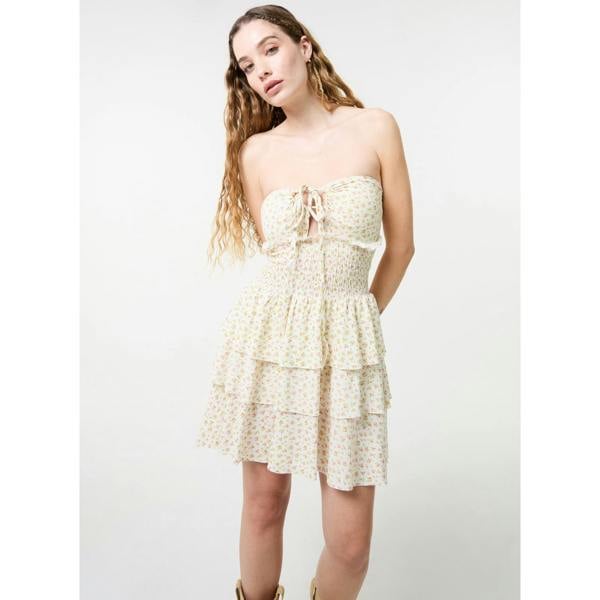 Pink Vanilla Ditsy Floral Ruched Cup Tiered Mini Dress