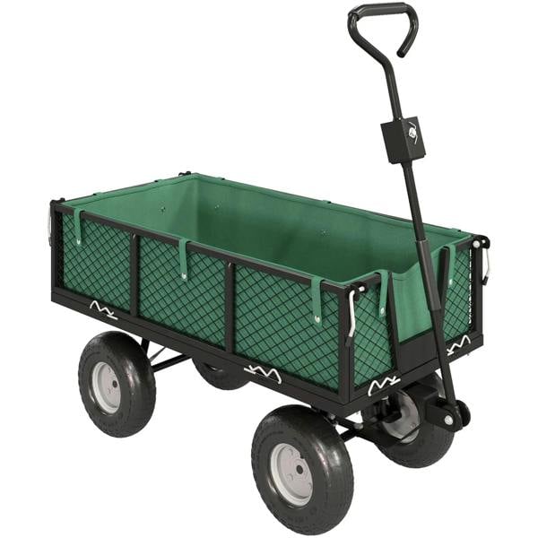 Green steel garden cart trolley with mesh sides and black handle, two large wheels