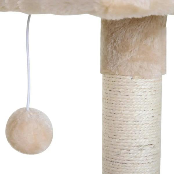 Beige dangling ball toy hanging from top of cat scratch post with sisal post