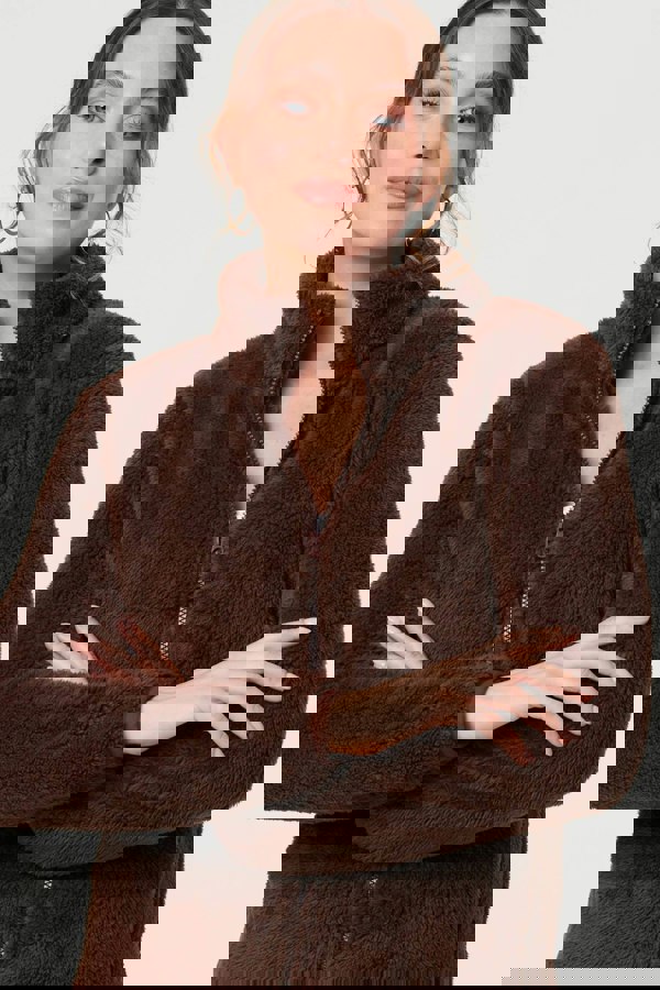 Brown | Soft Texture Zip Front High Neck Fleece
