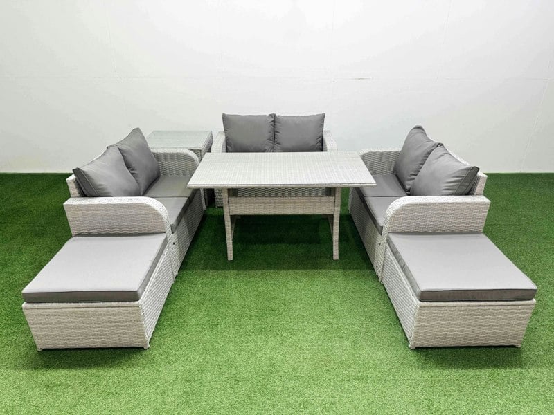 Fimous  8 Seater PE Wicker Rattan Furniture Sofa Sets with Rectangular Dining Table 2 Seater Love Sofa 2 Big Footstool Side Table Light Grey