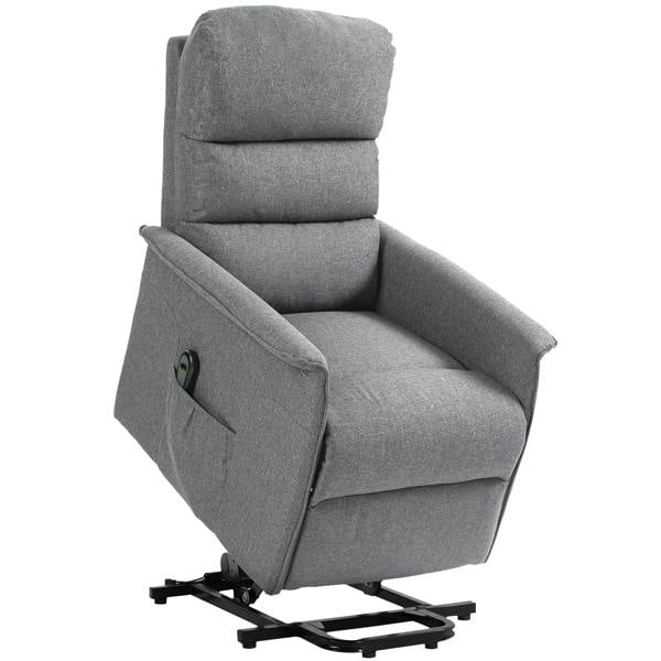 Grey fabric electric riser recline armchair with integrated footrest and side control.
