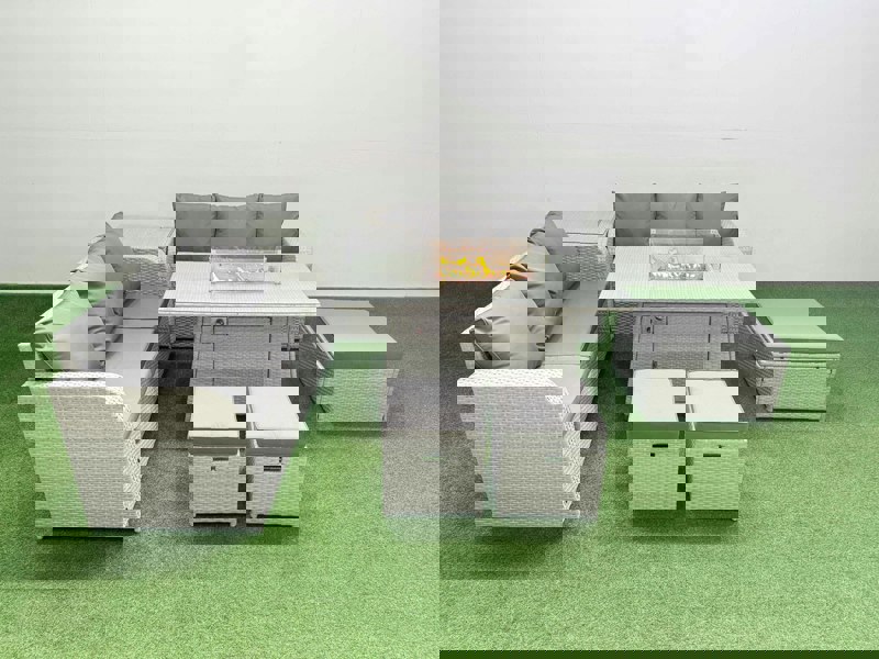 Fimous Outdoor Garden Furniture Set 9 Seater Rattan Furniture Sofa Set with Fire Pit Dining Table high Back Lounge Sofa 3 Stools Side Table Light Grey