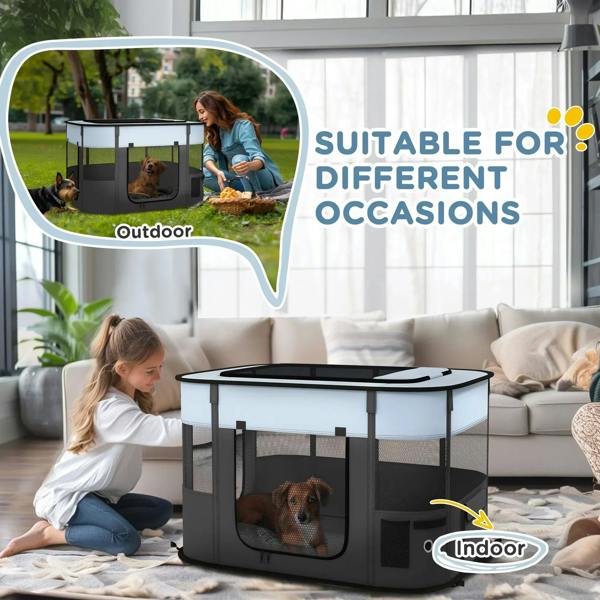 Grey foldable dog pen with mesh walls, front zip door, and black carry handle