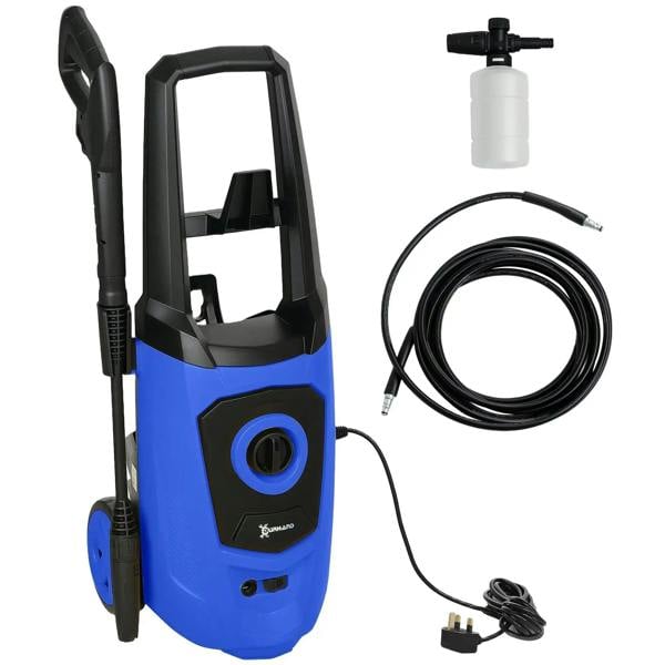 Blue portable pressure washer with black handle and wand, water hose and power cord