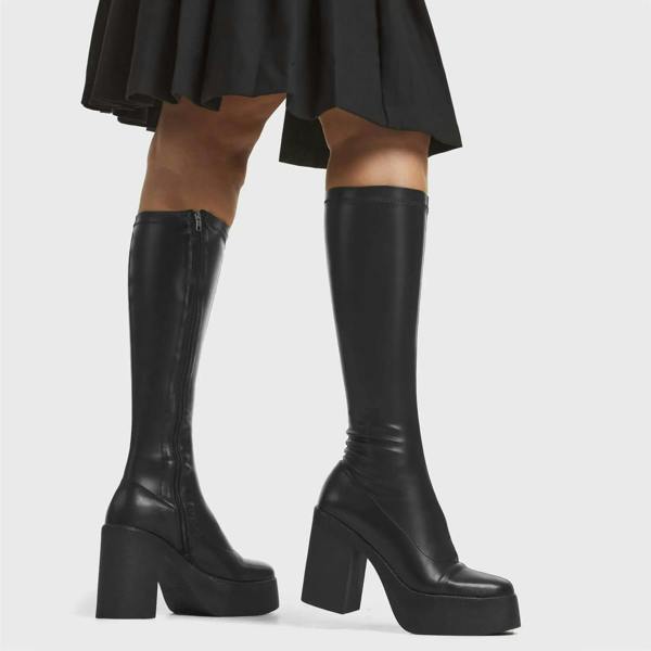 Lamoda Slick Nicks Black Stretch PU Knee High Boots Elegant Chic Stylish